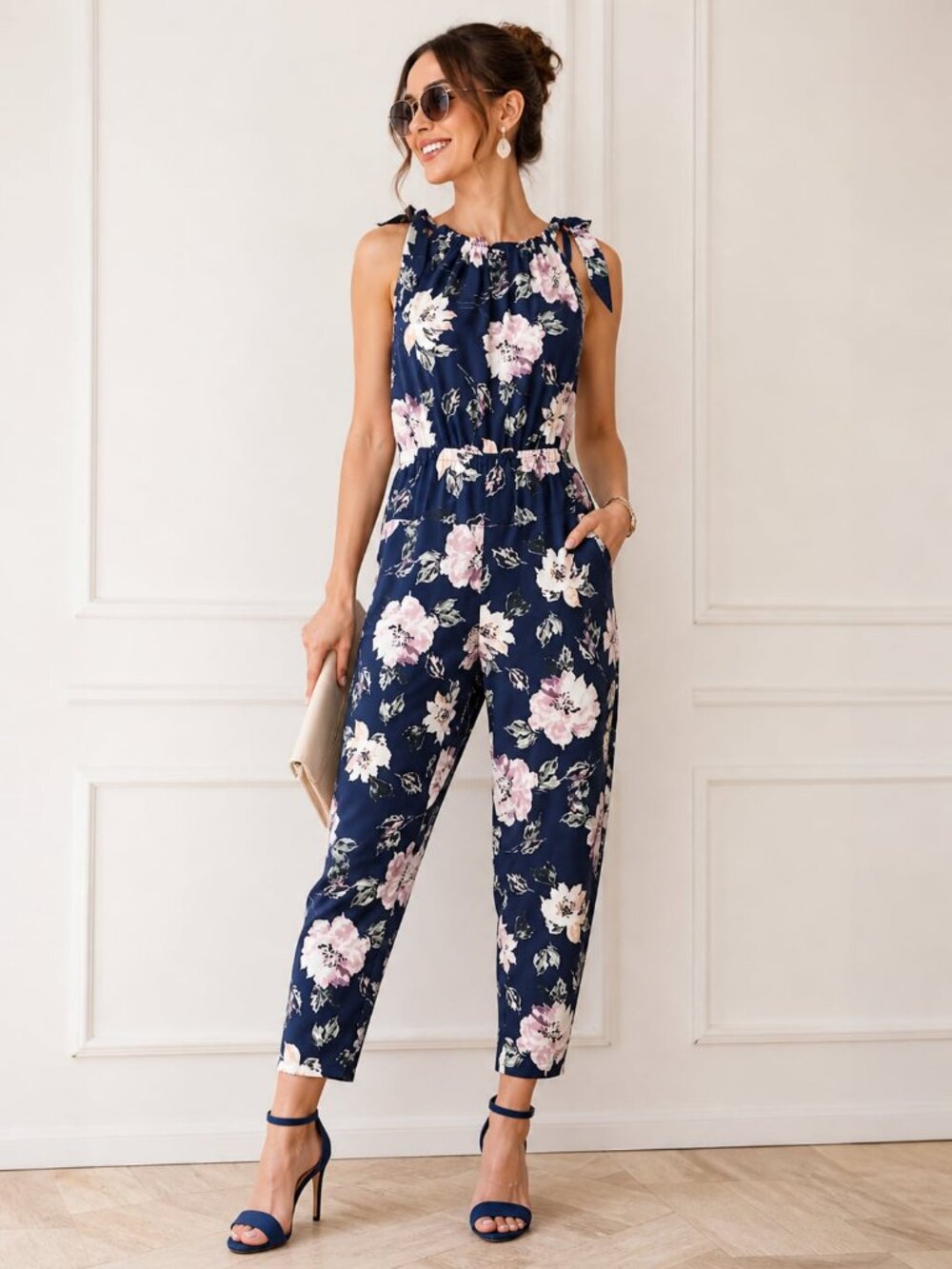 REBECCA TAYLOR Magnolia Watercolor Tie Halter Jumpsuit Navy/Pink L MSRP $475 NWT